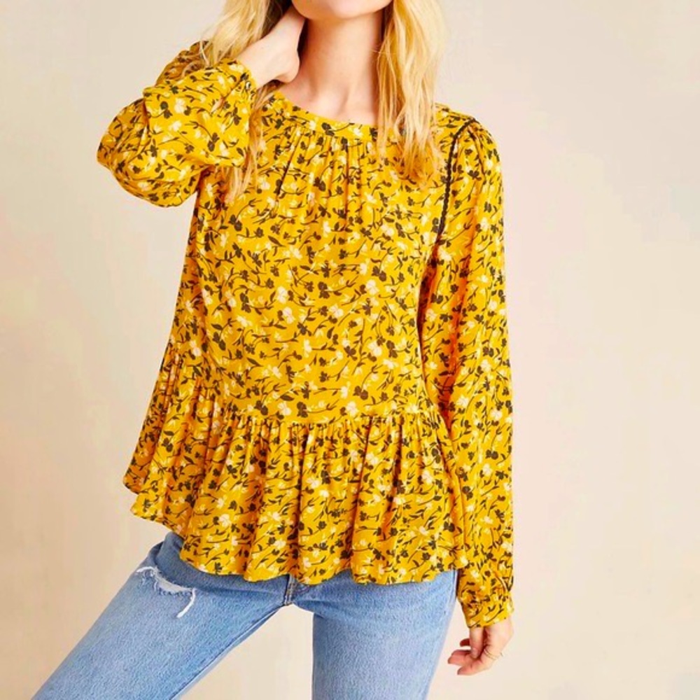 Anthropologie Maeve Cheyenne Yellow Floral Peplum Swing Blouse